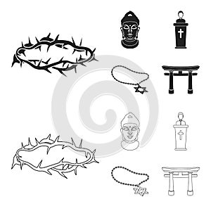 A crown of thorns, a star of David, a priest, a buddha head. Religion set collection icons in black,outline style vector