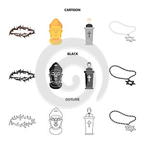 A crown of thorns, a star of David, a priest, a buddha head. Religion set collection icons in cartoon,black,outline