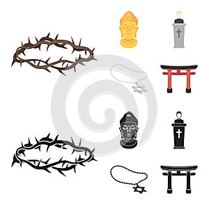 A crown of thorns, a star of David, a priest, a buddha head. Religion set collection icons in cartoon,black style vector
