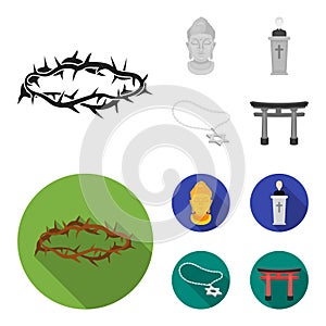 A crown of thorns, a star of David, a priest, a buddha head. Religion set collection icons in monochrome,flat style