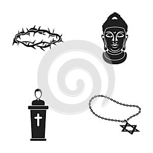 A crown of thorns, a star of David, a priest, a buddha s head. Religion set collection icons in black style vector