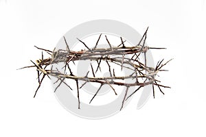 A crown of thorns on a white background. Conceptual phototo use in the design. A wreath of branches with thorns