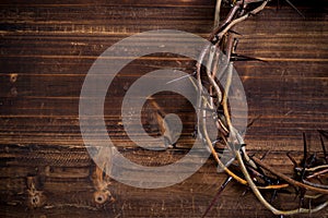 Crown of thorns on a wooden background - Easter