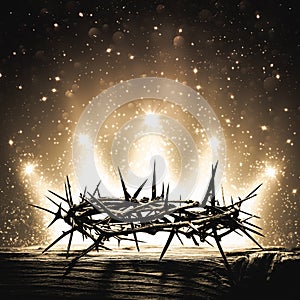 Crown Of Thorns On Wooden Cross With Bright Sparkling Crown Of Light In Background