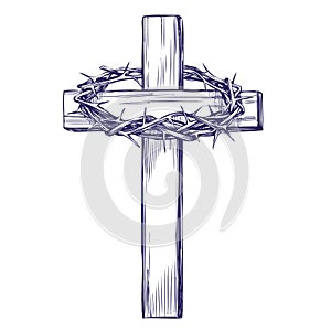 Koruna z trní dřevěný kříž. velikonoce . z křesťanství ručně malovaná vektor ilustrace skica 