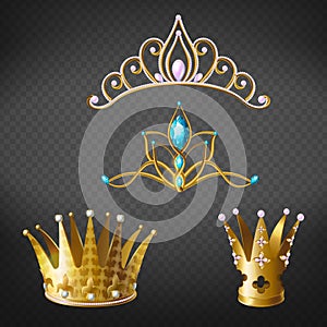 Crown, tiara, gold diadem for princess, queen set