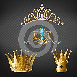 Crown, tiara, gold diadem for princess, queen set photo