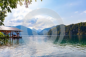 The crown of the tree opens up a view of the gazebo standing on the water