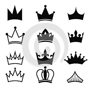 Crown vector black set.King silhouette isolated on white background.Royal Crown icons collection.High status item.Element for your