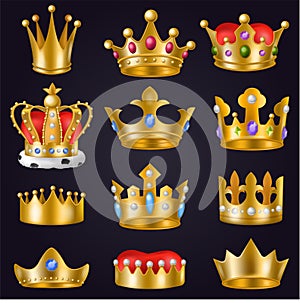 Crown vector golden royal jewelry symbol of king queen and princess illustration sign of crowning prince authority and