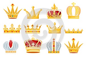 Crown vector golden royal jewelry symbol of king queen and princess illustration sign of crowning prince authority set