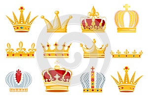 Crown vector golden royal jewelry symbol of king queen and princess illustration sign of crowning prince authority set photo