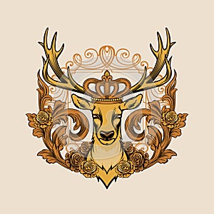 Crowned deer. Heraldic vector illustration.