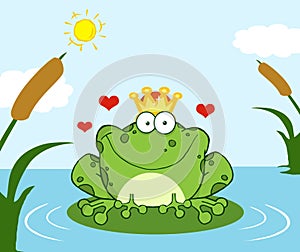 Crowned frog prince on a leaf in lake