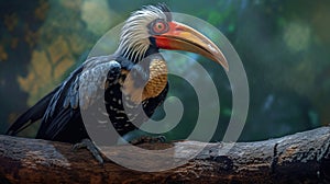 A Crowned Hornbill watches alertly Generative AI, Generative, AI