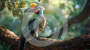 A Crowned Hornbill watches alertly Generative AI, Generative, AI