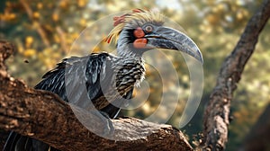 A Crowned Hornbill watches alertly Generative AI, Generative, AI