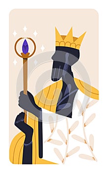 Crowned king majesty with magic wand stick, mystic esoteric power. Authority, royal noble energy concept. Monarch leader