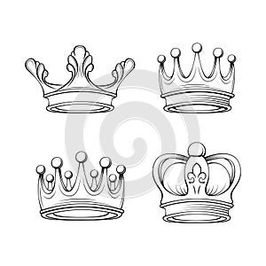 Crowns set. Royal symbols. Tiara jewelry. Design elements collection. Vector.