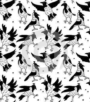 Crows in crowns black and white seamless pattern