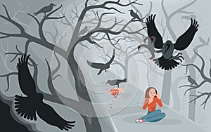 Crows and lonely woman on Scary Halloween background