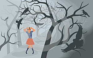 Crows and lonely woman on Scary Halloween background