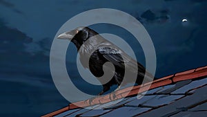 Crows on the roof of a building, lurking, full moon in the background