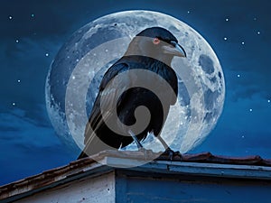 Crows on the roof of a building, lurking, full moon in the background