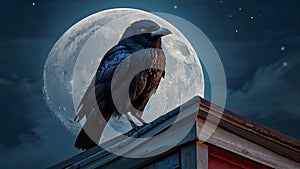 Crows on the roof of a building, lurking, full moon in the background