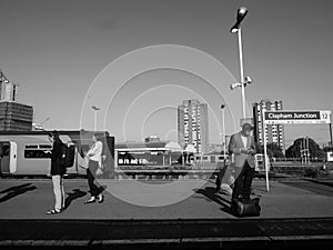 Train at Clapham Junction in London, black and white