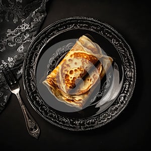 Crpes On A Black Ornate Round Smooth Plate, French Dish. Generative AI