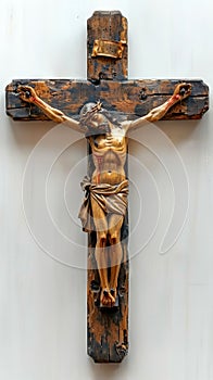 Crucified Jesus Christ, carved in wood. Sculpture of Christ on cross. Crucifix of the Savior. Concept of Easter