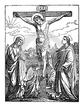 Crucified Jesus Christ Dies on the Cross. Bible, New testament. Vintage Antique Drawing