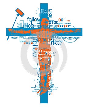 Crucified man with selfie rod, victim of social networks addiction.