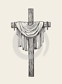 Crucifix, cross and shroud hand drawn. Religious sign. Sketch vector illustration photo