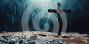 crucifix with the figure of Jesus mounted on Mount Calvary, standing tall on a hill in the midst of a gentle rain shower