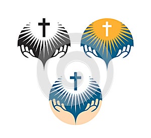 Crucifix symbol. Crucifixion of Jesus Christ icons. Church logo