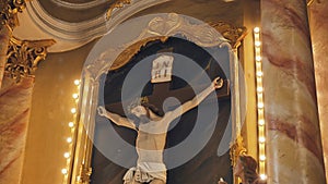 The crucifixion of Jesus in a Catholic church.