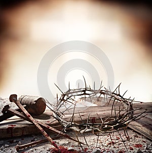 Crucifixion Of Jesus Christ - Cross With Hammer Bloody Nails And Crown