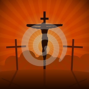 Crucifixion of Jesus Christ on the cross at sunset. Sun Rays.Vector Illustration