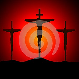 Crucifixion of Jesus Christ on the cross at sunset. Sun Rays.Vector Illustration