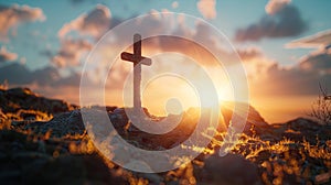 Crucifixion of Jesus Christ at Sunset: Abstract Flare and Defocused Lights on Hilltop Cross