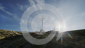 Crucifixion of Jesus Christ with thorn crown, nails, hammer and a rope against blue sky and flying pigeons, tilt 4K