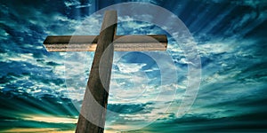 Crucifixion of Jesus Christ, wooden cross, sky at sunset background. 3d illustration