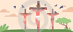 Crucifixion, A Profound Biblical Scene Depicting Jesus On The Cross With Two Thieves By His Sides, Symbolizing Sacrifice