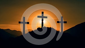 crucifixion, religion and christianity concept - silhouettes of three crosses on calvary hill on golden suset sky background,