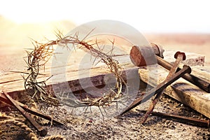 Crucifixion At Sunset - Cross With Crown Of Thorns Hammer photo