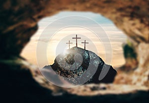 Crucifixion of Jesus Christ, three crosses on hill, 3d rendering