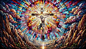 The Crucifixion in Vivd Stained Glass Mosaic