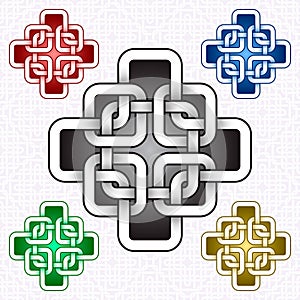 Cruciform logo template in Celtic knots style. Stylish tattoo symbol. Silver ornament for jewelry design